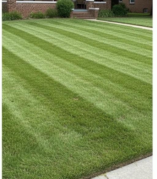Same front lawn after service — neat cut with mowing stripes