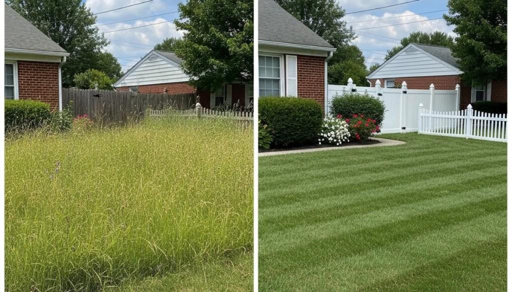 Backyard cleanup: overgrown lawn and old wood fence replaced with a striped lawn and white vinyl fence