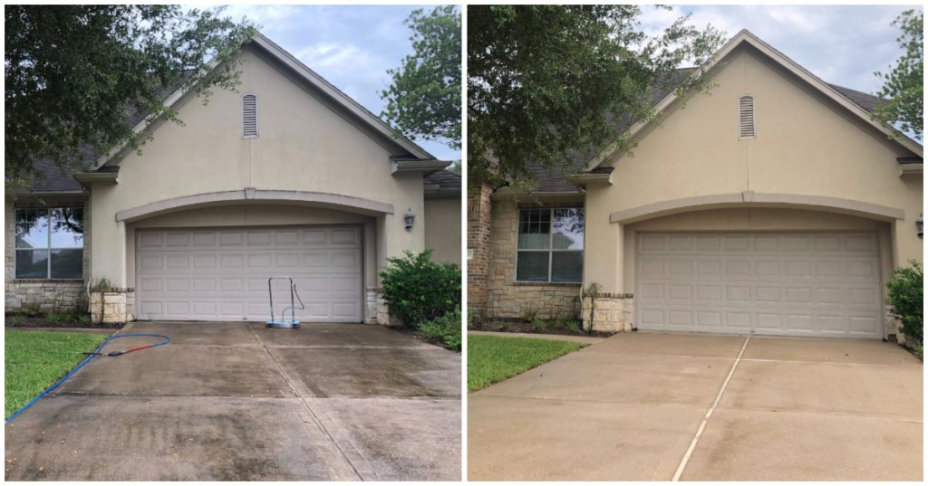 Pressure washing: stained concrete driveway before and clean driveway after, suburban home