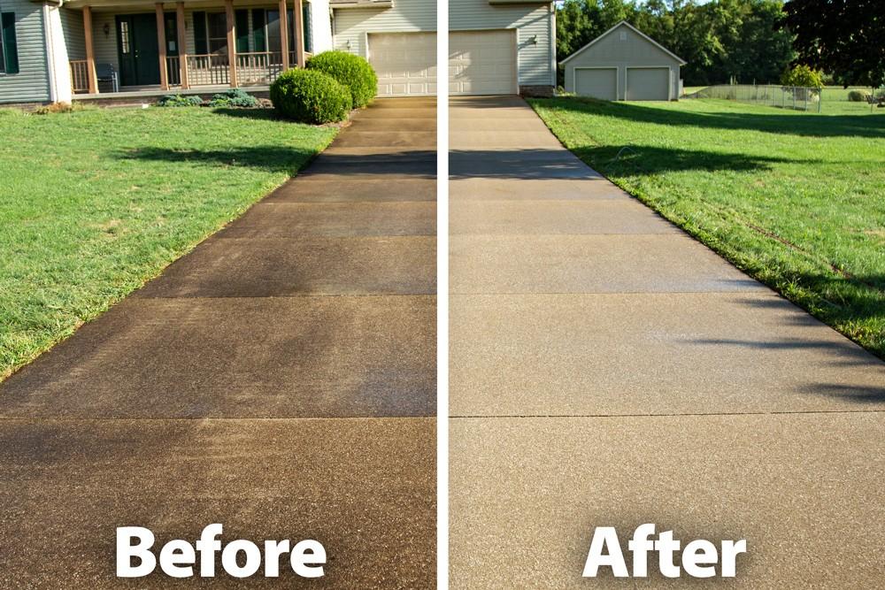 Driveway concrete before heavy grime and after pressure washing