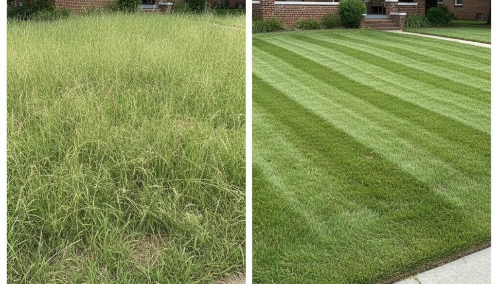 Front lawn: tall unkempt grass before and striped professional cut after