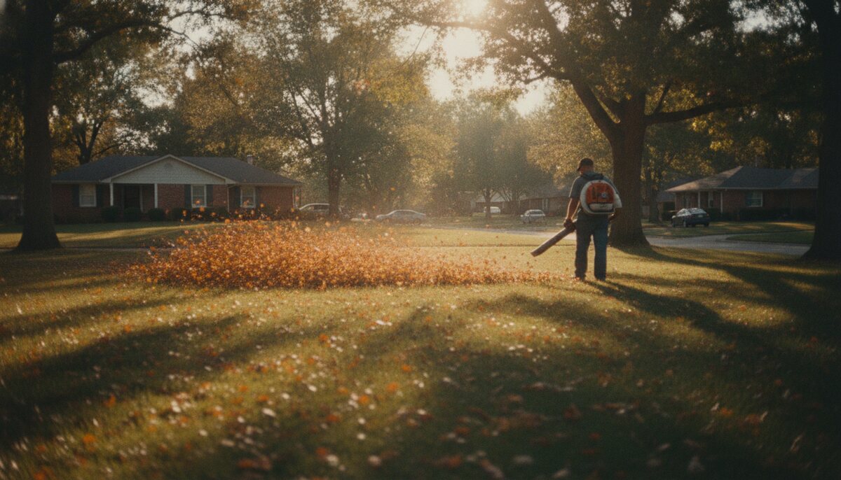 A backpack blower pushing a wave of autumn leaves across a lawn